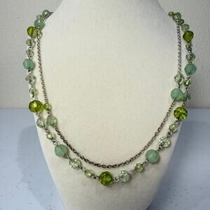 Vintage Green Beaded Silver Tone Chain 2 Strand Necklace Forest Fairy Whimsy